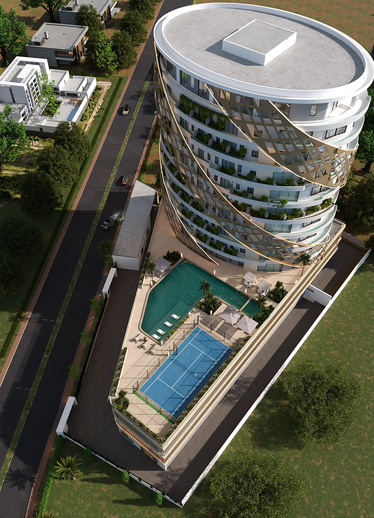 Aerial view of The Twist showing the amenity deck with its pool, cabanas and padel court