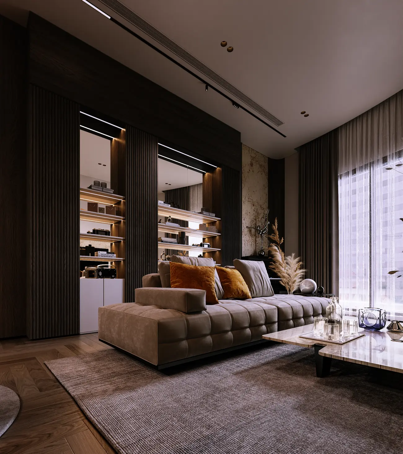 Living room with fluted timber walls, lit shelving and a velvet sofa