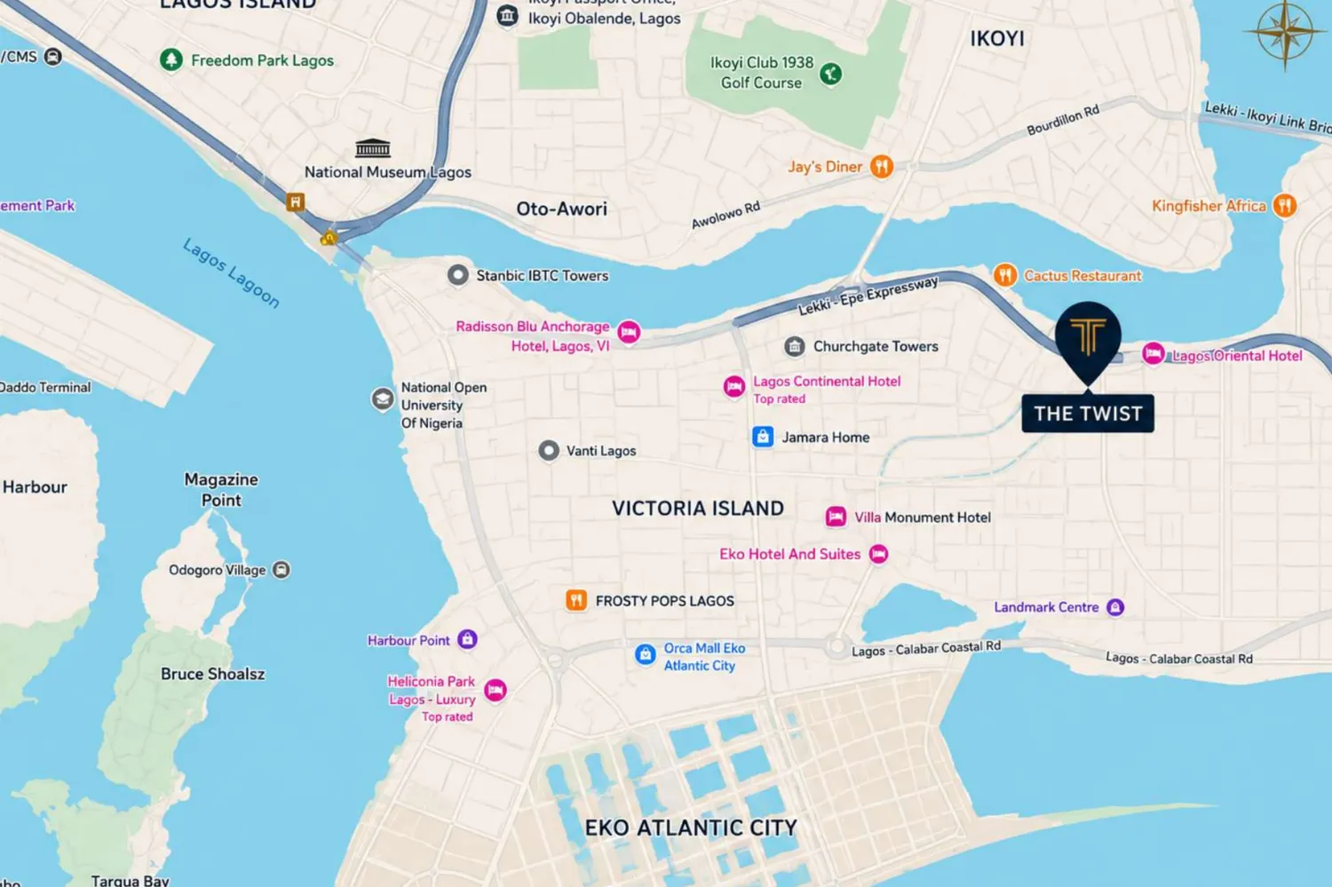 Map of Victoria Island showing The Twist beside the Lekki–Epe Expressway, between Ikoyi, Eko Atlantic and Lekki